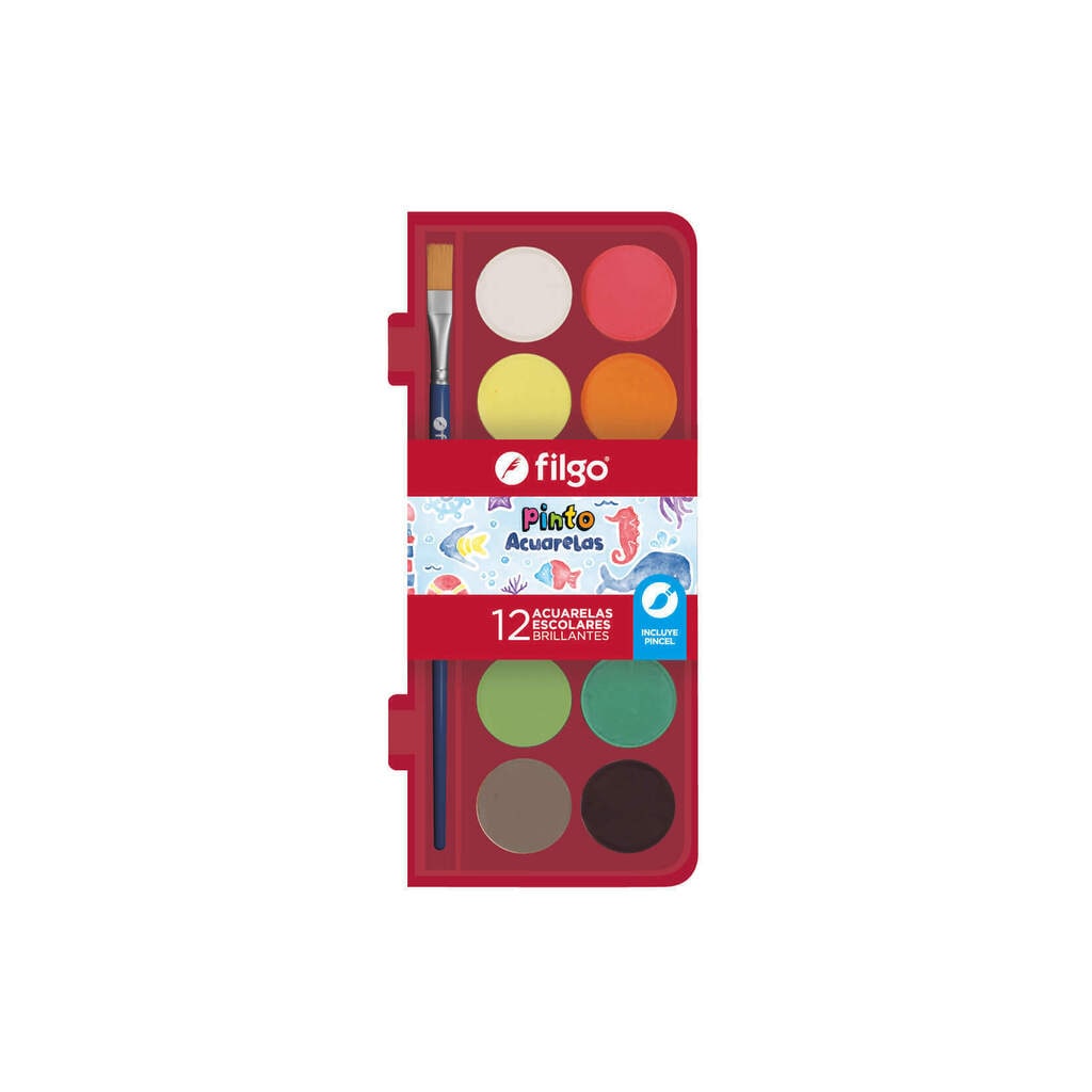 Acuarelas Escolares x12 + Pincel Estuche Plastico - Filgo