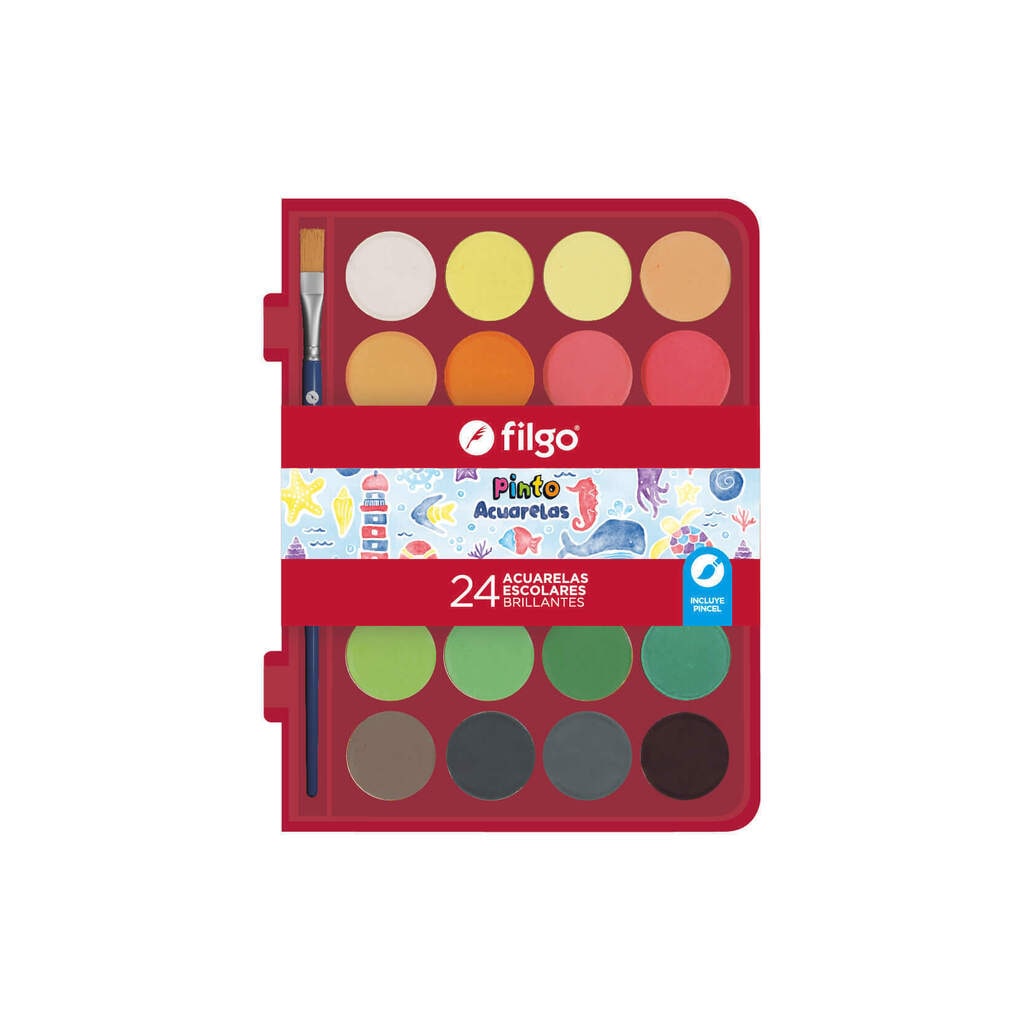 Acuarelas Escolares x24 + Pincel Estuche Plastico - Filgo