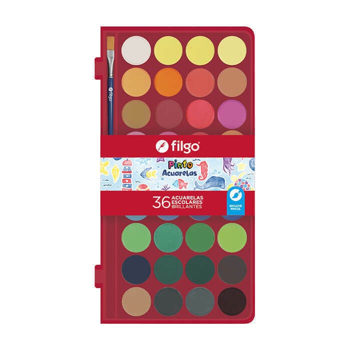 Acuarelas Escolares x36 + Pincel Estuche Plastico - Filgo